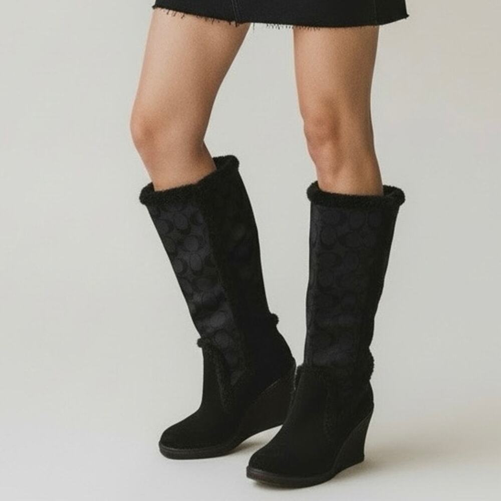 Coach Jordana Signature Suede and shearling Wedge Boots Black 7